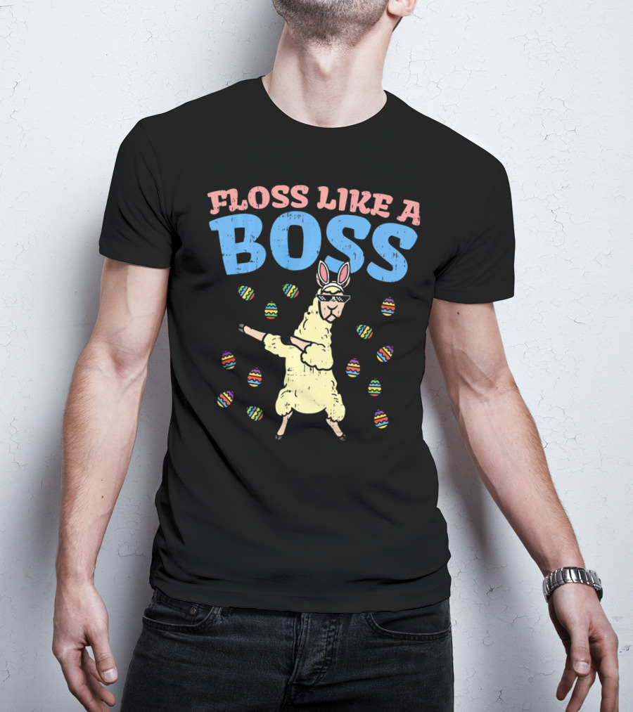 Floss Like A Boss Easter Llama Dancing With Bunny Ears And Colorful Eggs T-Shirt