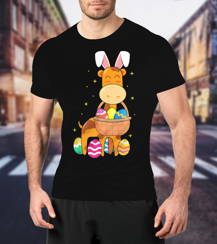 Giraffe Easter Egg Bunny Holding Basket Of Colorful Eggs And Wearing Bunny Ears T-Shirt