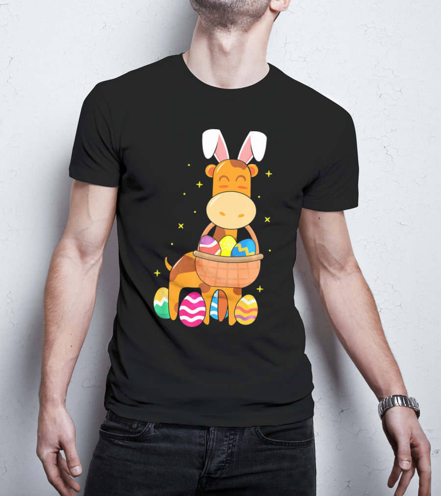 Giraffe Easter Egg Bunny Holding Basket Of Colorful Eggs And Wearing Bunny Ears T-Shirt