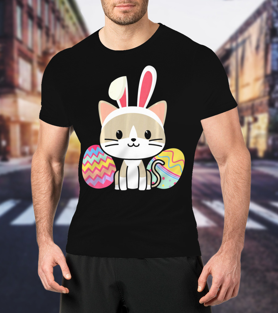 Easter Cat With Bunny Ears And Colorful Easter Eggs T-Shirt