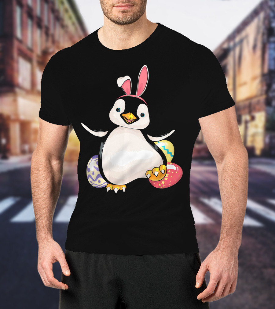 Penguin Bunny Easter With Colorful Eggs T-Shirt