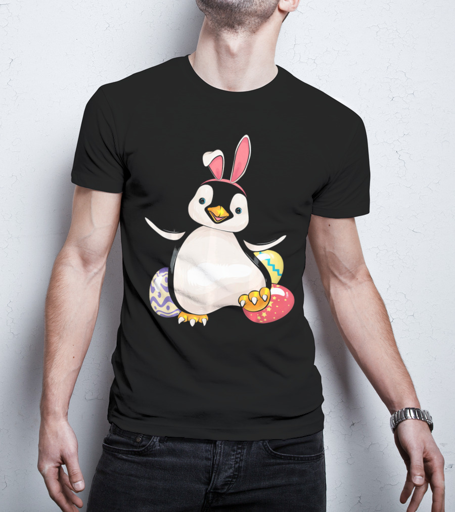 Penguin Bunny Easter With Colorful Eggs T-Shirt