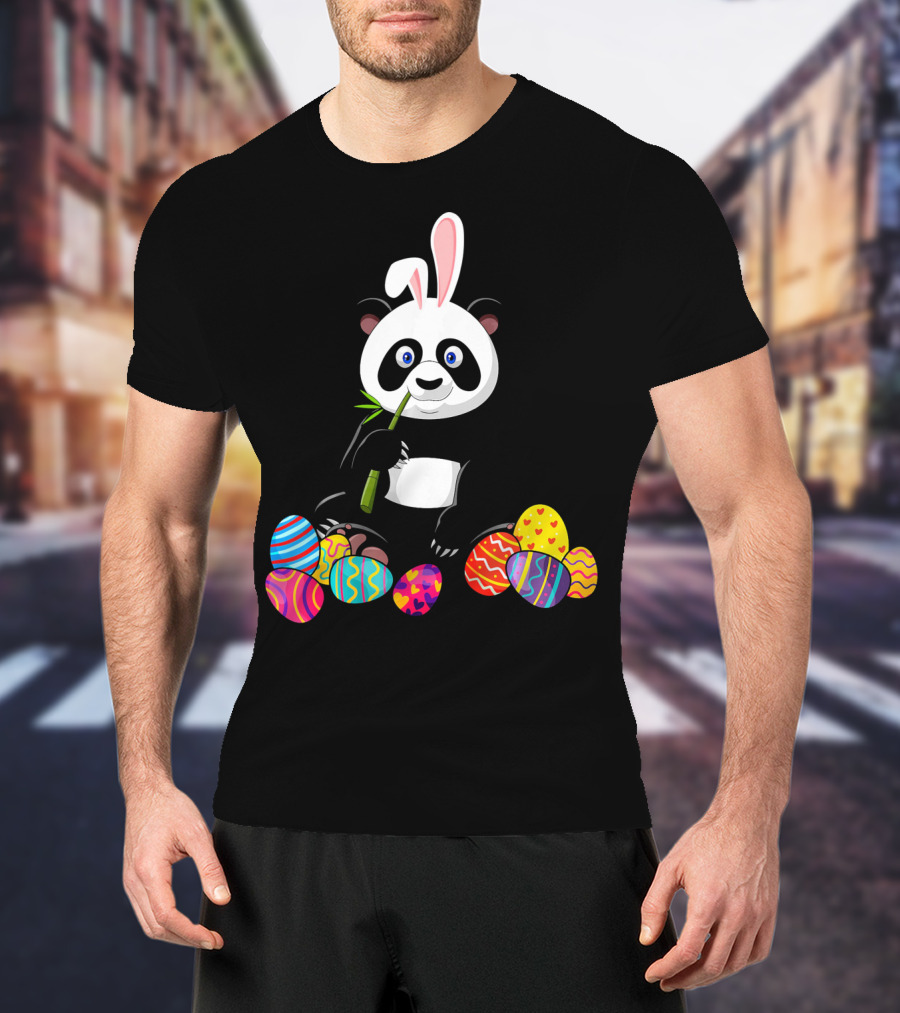 Panda With Bunny Ears And Colorful Easter Eggs T-Shirt