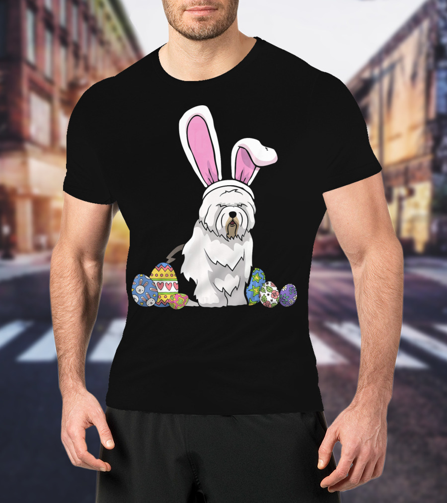 Old English Sheepdog Dressed As Easter Bunny With Colorful Eggs T-Shirt