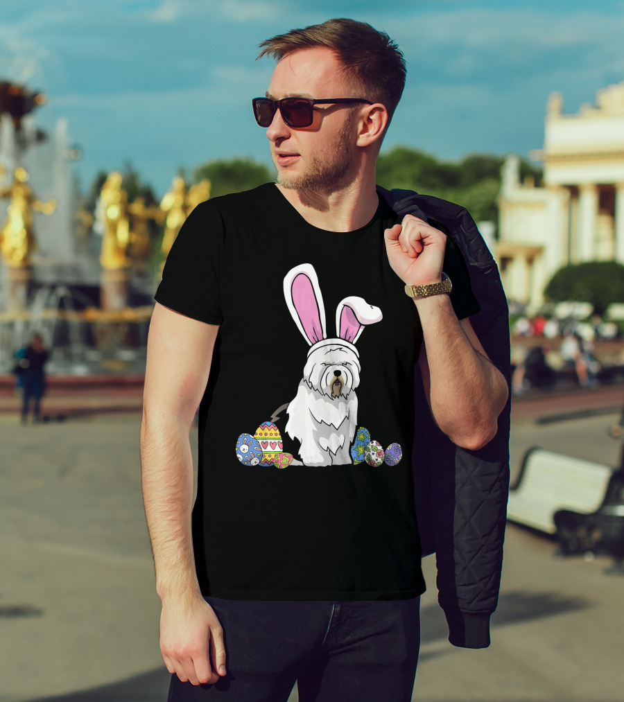 Old English Sheepdog Dressed As Easter Bunny With Colorful Eggs T-Shirt