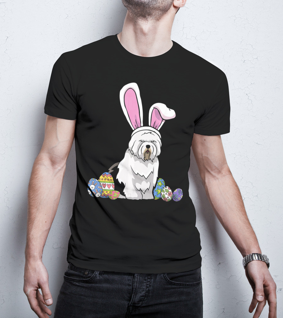 Old English Sheepdog Dressed As Easter Bunny With Colorful Eggs T-Shirt