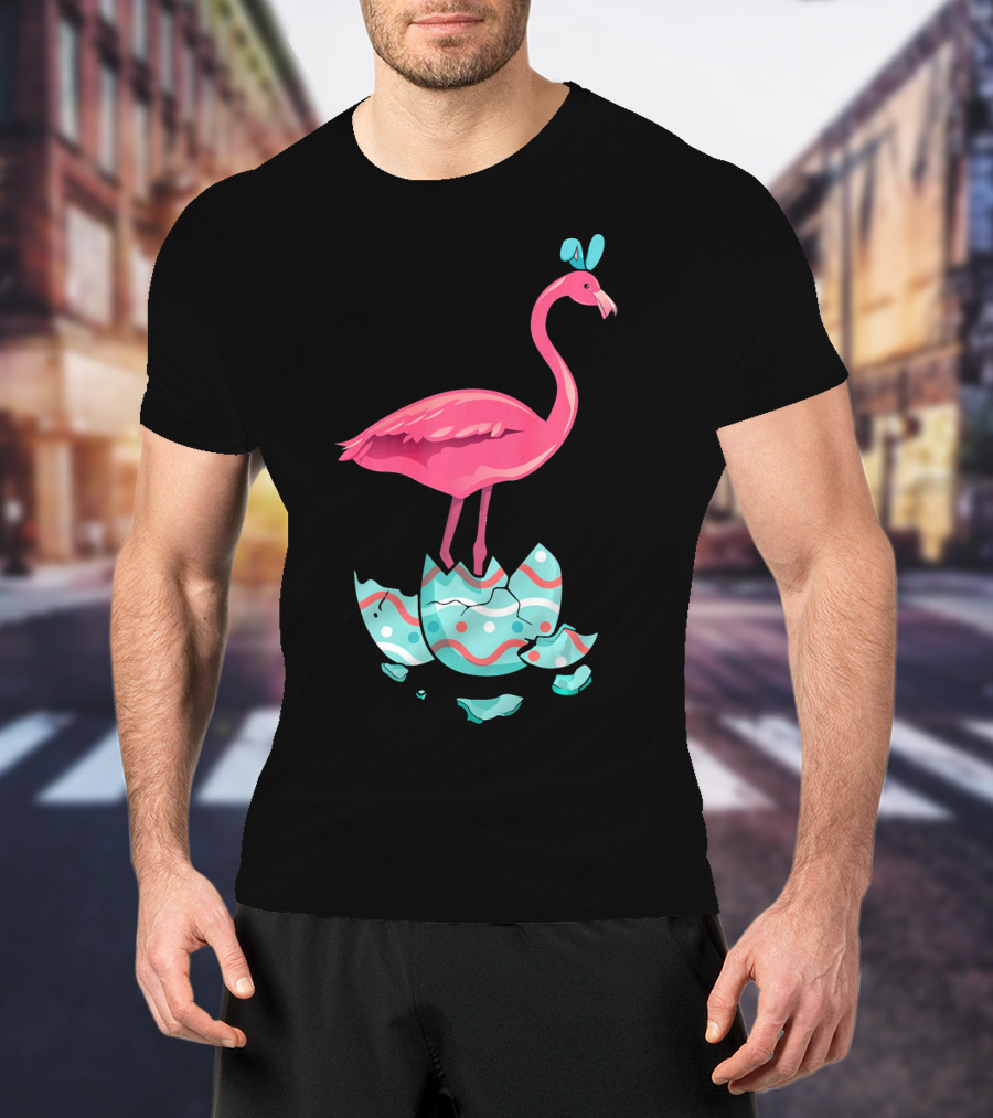 Funny Pink Flamingo On Easter Egg Bun With Bow T-Shirt