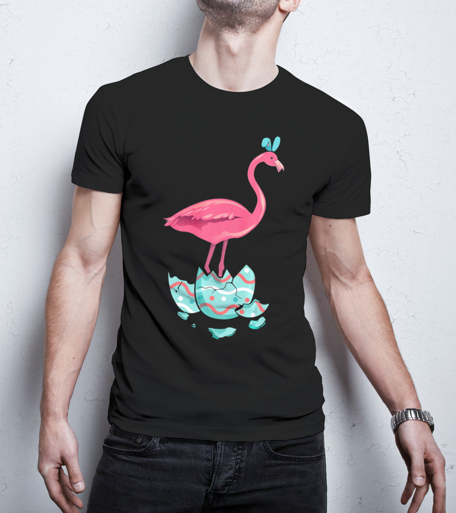 Funny Pink Flamingo On Easter Egg Bun With Bow T-Shirt