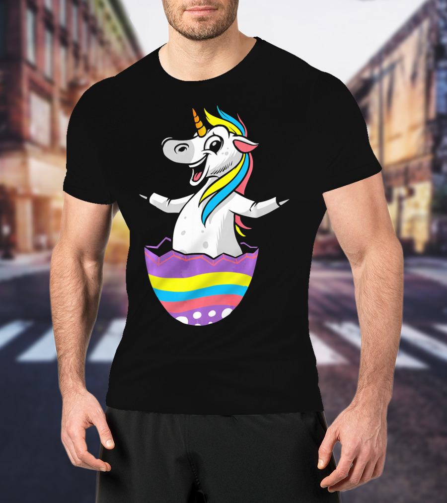 Easter Unicorn In Colorful Striped Egg T-Shirt