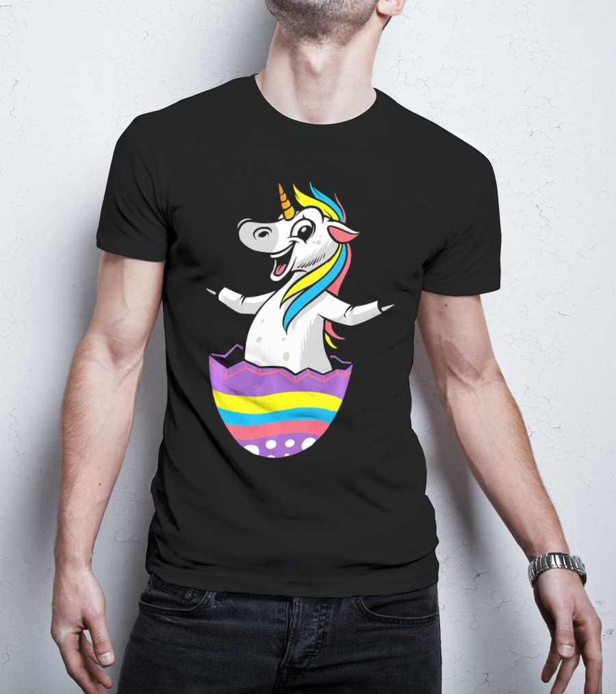 Easter Unicorn In Colorful Striped Egg T-Shirt