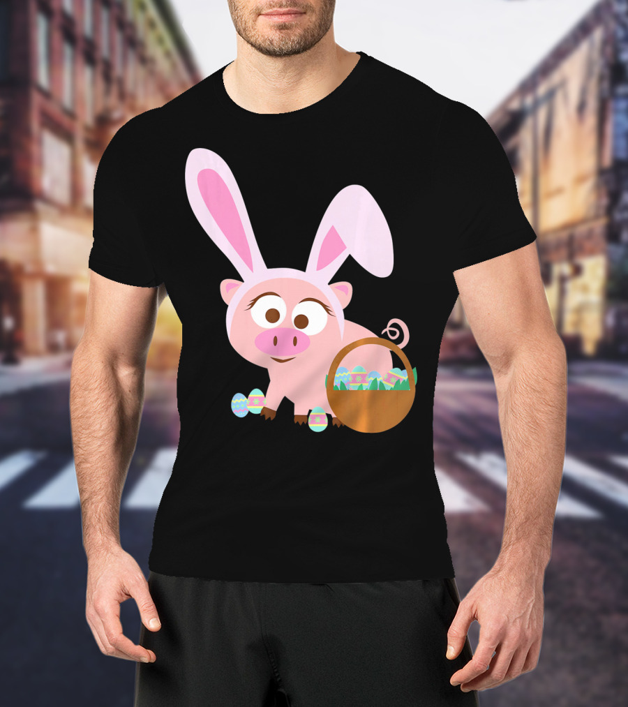 Happy Pig Bunny Ears Easter Eggs Basket T-Shirt