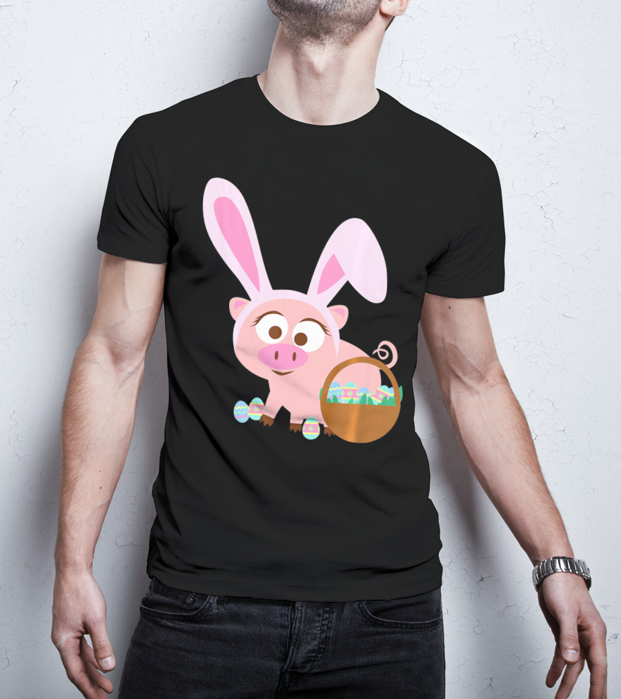 Happy Pig Bunny Ears Easter Eggs Basket T-Shirt