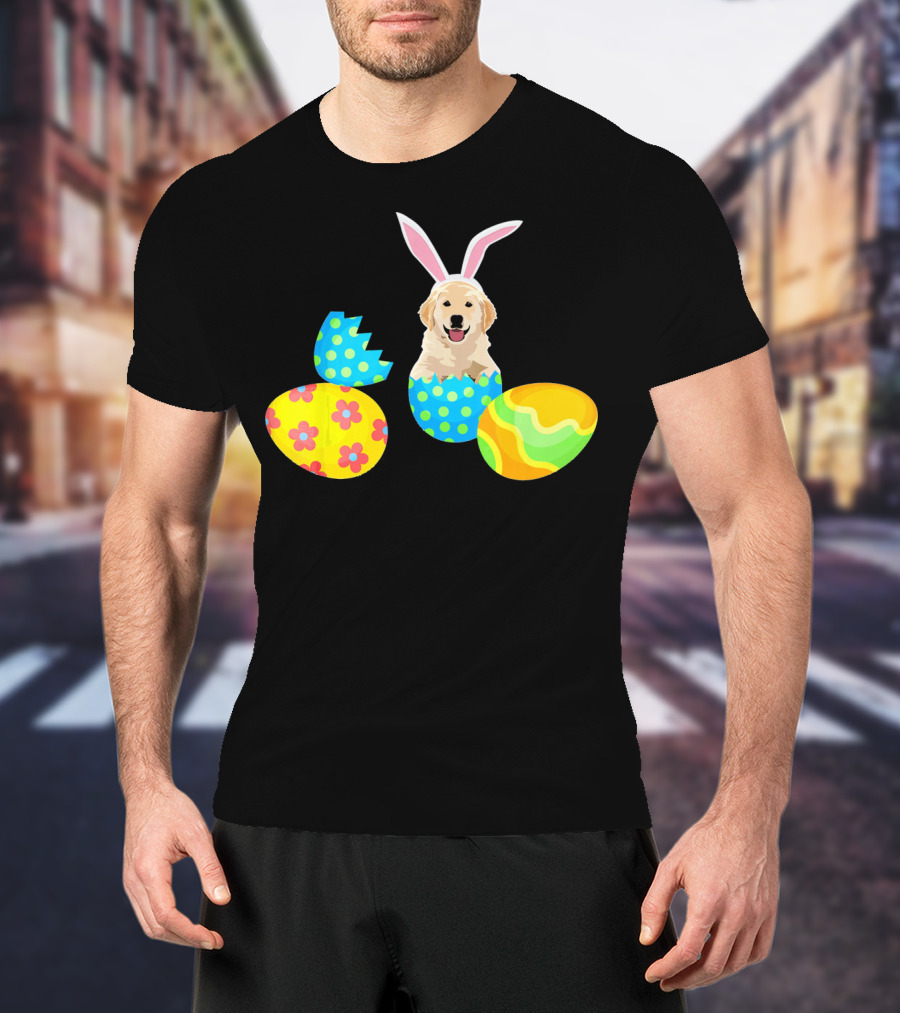 Labrador In Easter Eggs With Bunny Ears And Colorful T-Shirt
