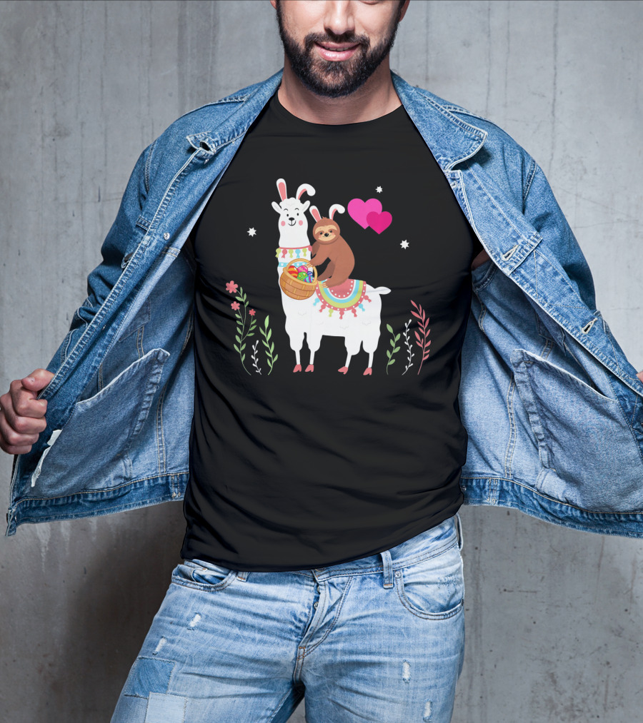 Sloth With Basket On Llama Wearing Easter Bunny Ears With Hearts And Flowers T-Shirt