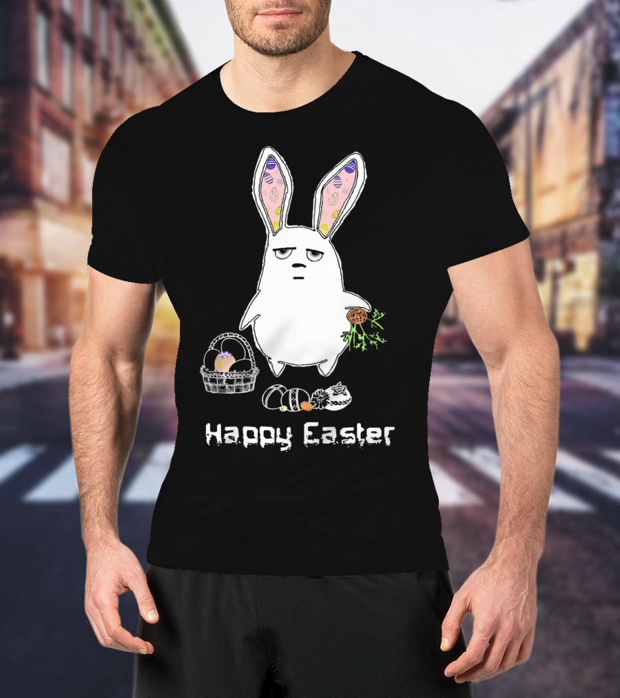 Gloomy Bunny With Easter Basket And Eggs Happy Easter T-Shirt