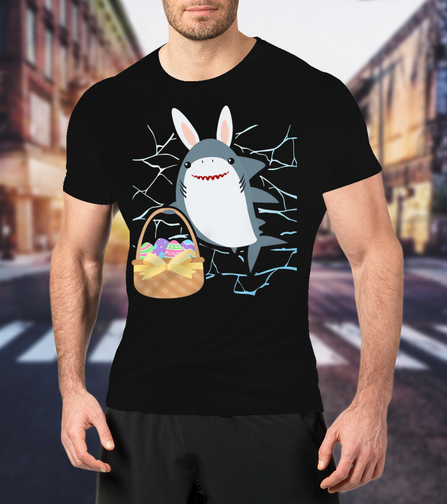 Easter Bunny Shark With Basket Of Eggs And Funny Expression T-Shirt
