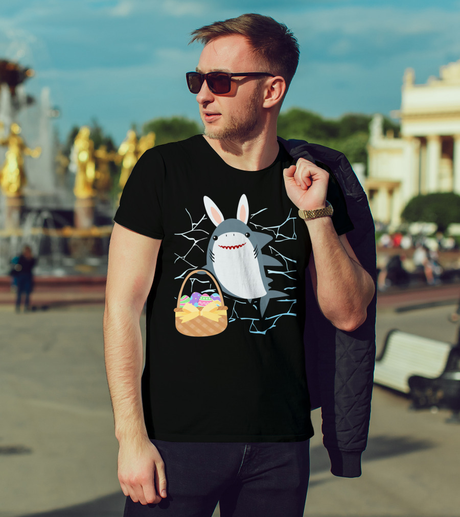 Easter Bunny Shark With Basket Of Eggs And Funny Expression T-Shirt