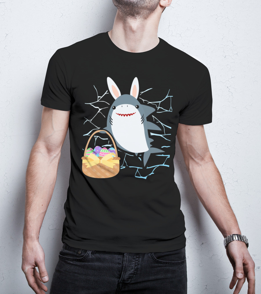 Easter Bunny Shark With Basket Of Eggs And Funny Expression T-Shirt
