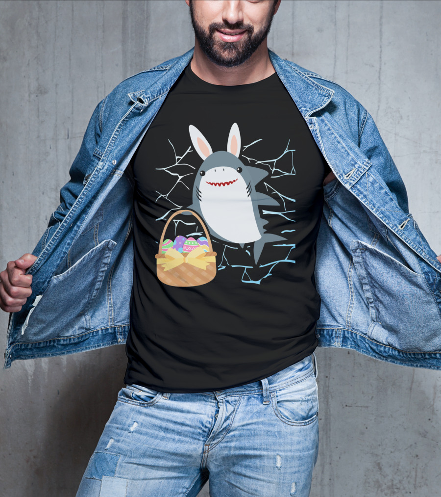 Easter Bunny Shark With Basket Of Eggs And Funny Expression T-Shirt