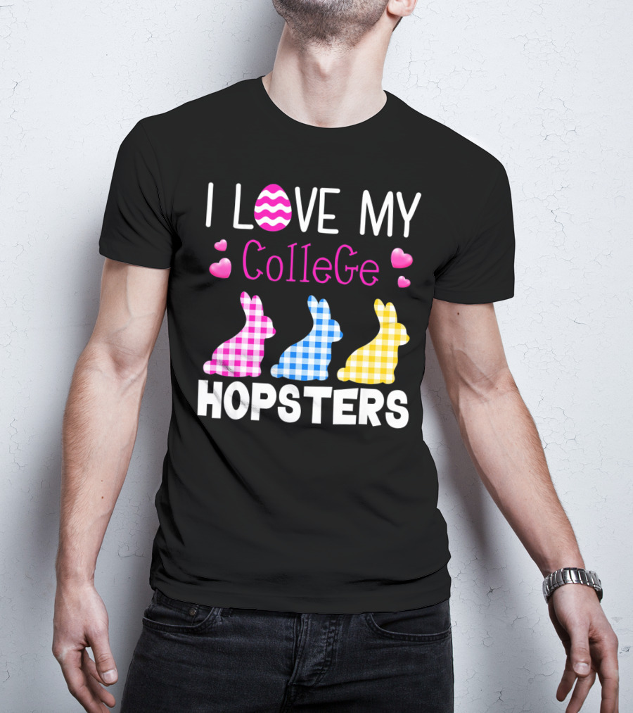 I Love My College Hopsters Easter Bunnies Plaid Hearts T-Shirt