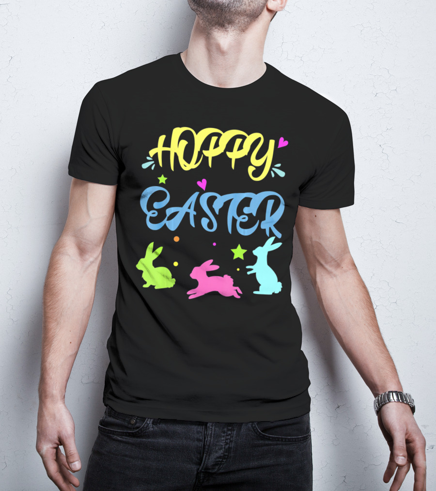 Hoppy Easter Novelty Orthodox Colorful Bunny Silhouettes With Hearts And Stars T-Shirt