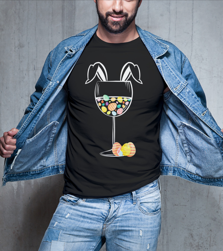 Bunny Ears Wine Glass With Colorful Easter Eggs T-Shirt