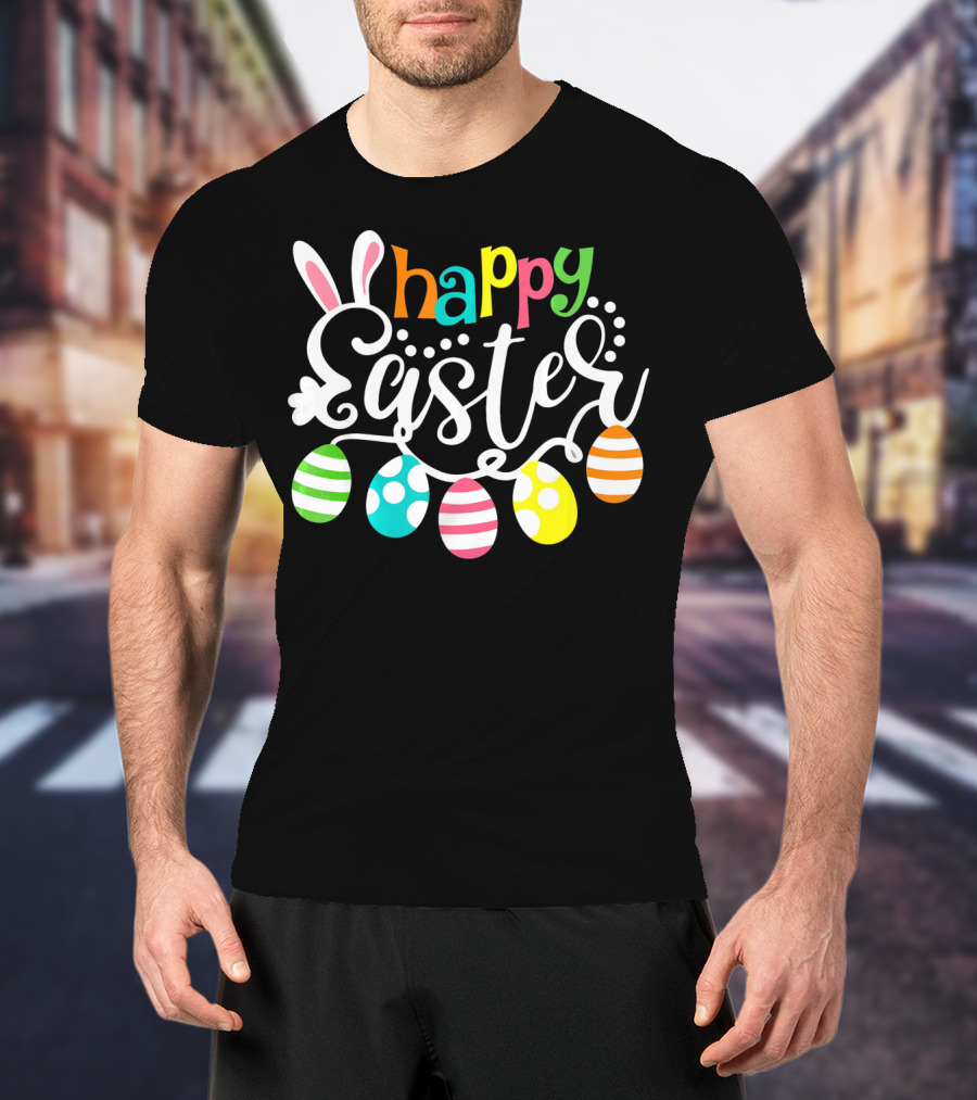 Happy Easter Cute Bunny And Colorful Easter Egg Garland T-Shirt
