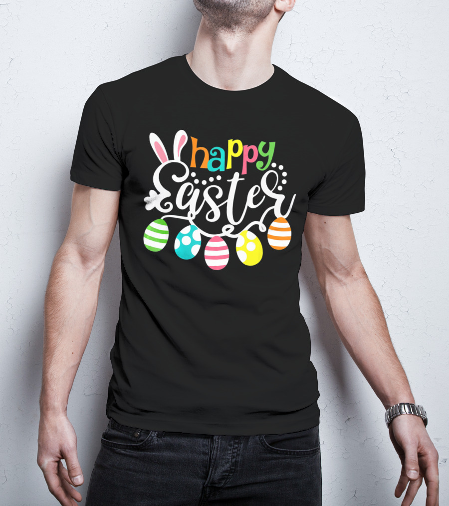 Happy Easter Cute Bunny And Colorful Easter Egg Garland T-Shirt