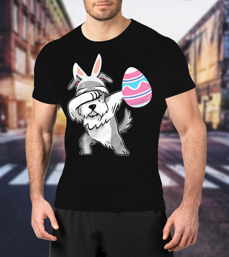 Easter Bunny Ears Schnauzer Dog Dabbing With Colorful Egg T-Shirt