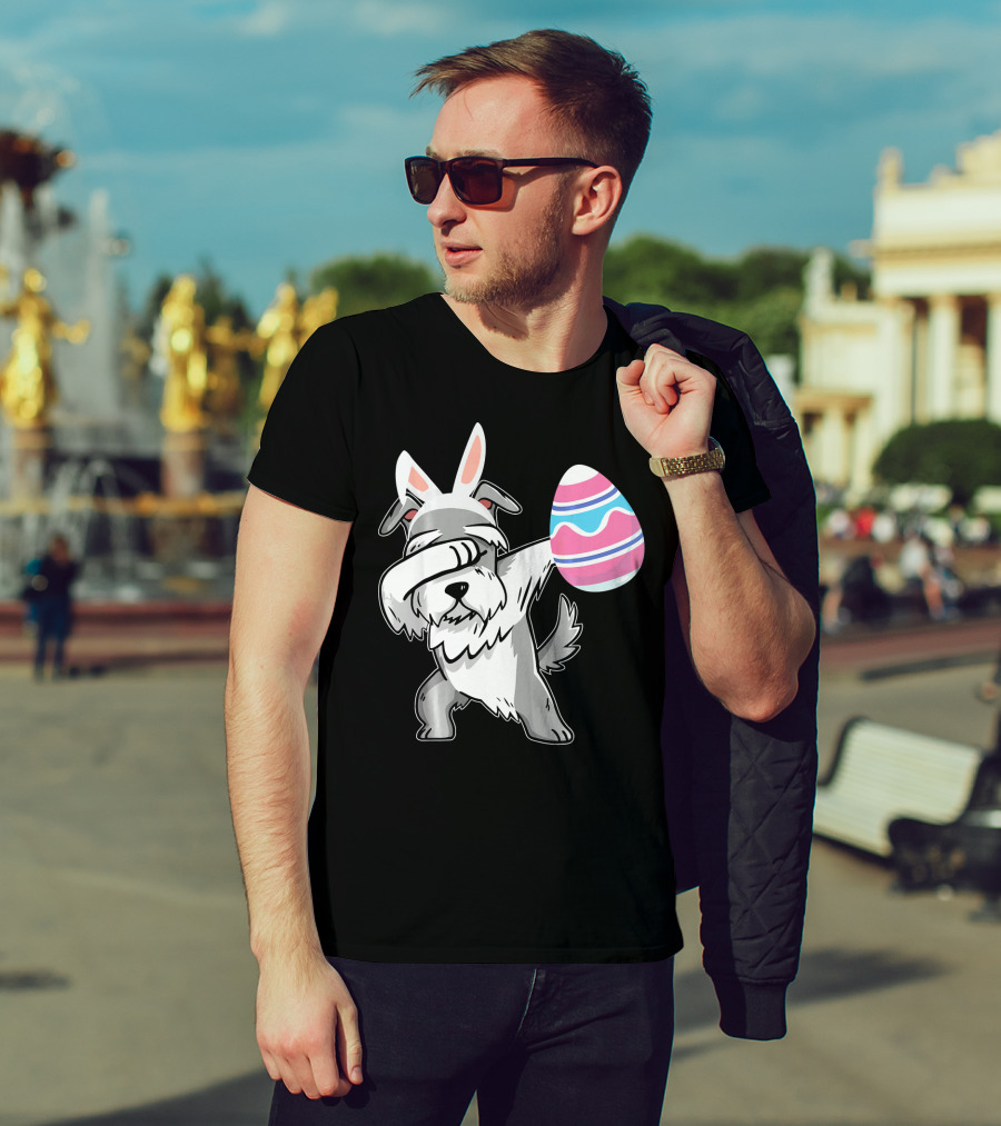 Easter Bunny Ears Schnauzer Dog Dabbing With Colorful Egg T-Shirt