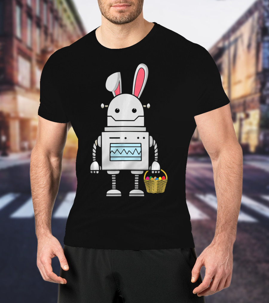 Cute Easter Robot Bunny With Basket Of Colorful Eggs T-Shirt