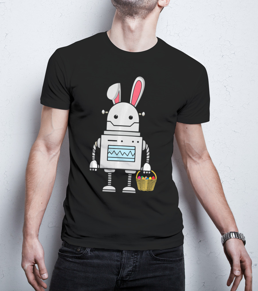 Cute Easter Robot Bunny With Basket Of Colorful Eggs T-Shirt