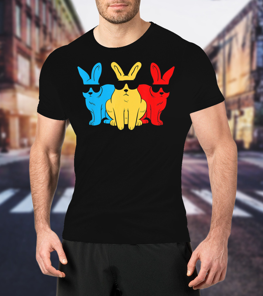 Hip Trio Bunnies Shades Funny Hipster Blue Yellow Red T-Shirt