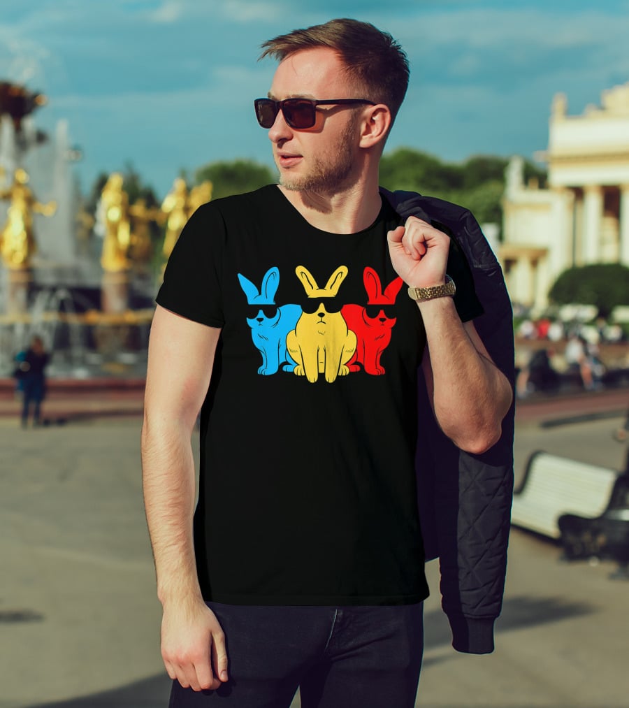 Hip Trio Bunnies Shades Funny Hipster Blue Yellow Red T-Shirt