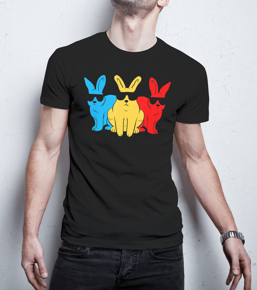 Hip Trio Bunnies Shades Funny Hipster Blue Yellow Red T-Shirt