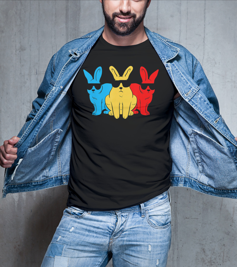Hip Trio Bunnies Shades Funny Hipster Blue Yellow Red T-Shirt