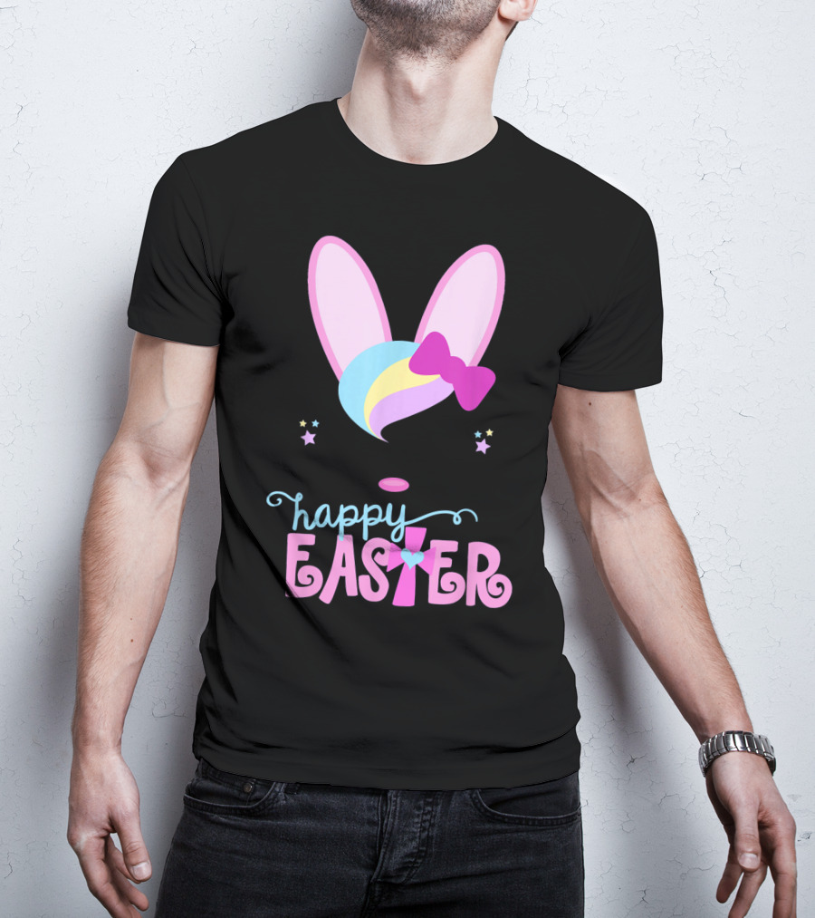 HAPPY EASTER Bunny Face Girls Bow Stars Colorful Ears T-Shirt