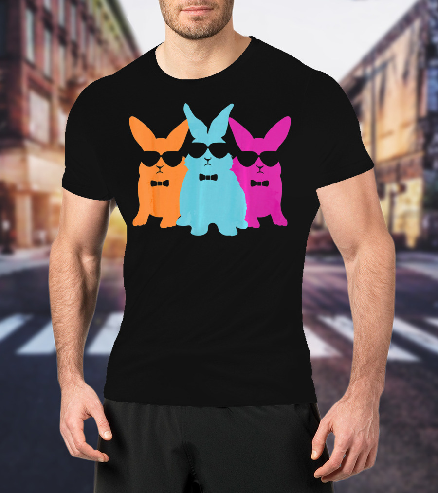 Hipster Easter Bunny Cool Rabbits Sunglasses Neon Trio Bow Ties T-Shirt