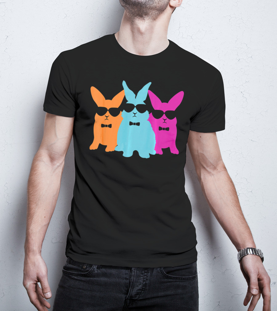 Hipster Easter Bunny Cool Rabbits Sunglasses Neon Trio Bow Ties T-Shirt