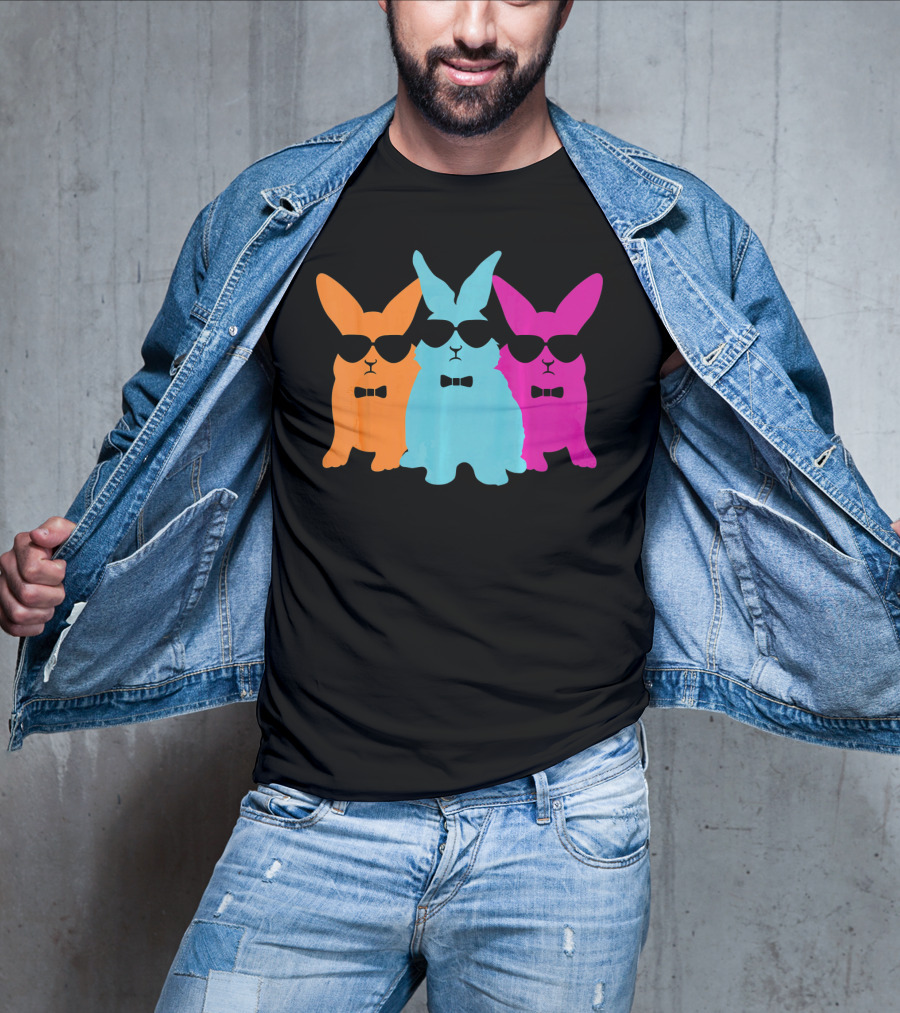 Hipster Easter Bunny Cool Rabbits Sunglasses Neon Trio Bow Ties T-Shirt