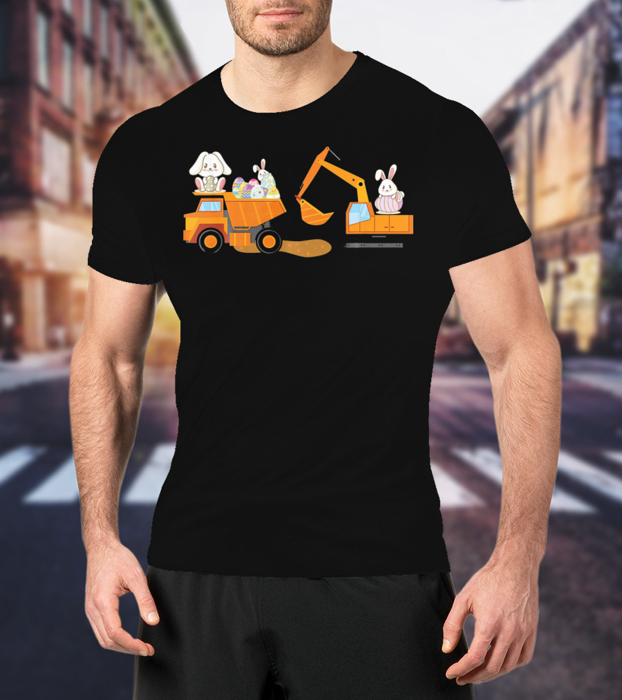 Easter Bunny With Eggs On Construction Site Scene T-Shirt