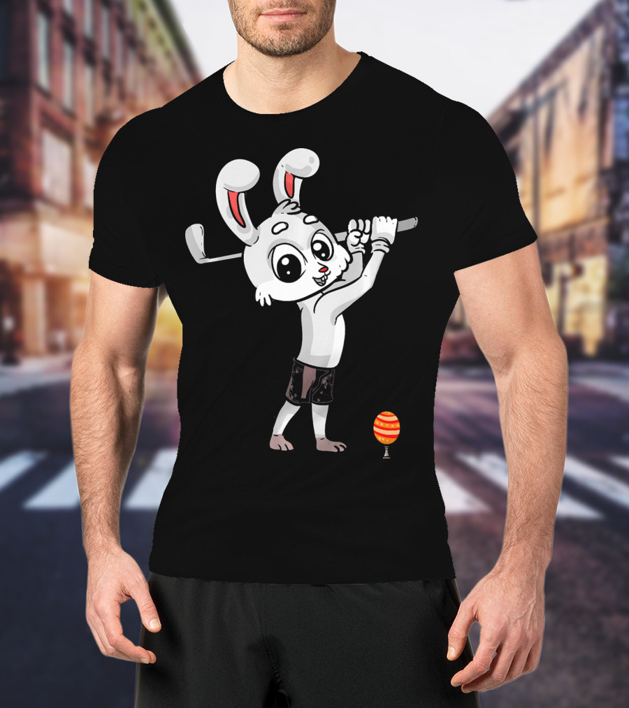 Funny Easter Bunny Playing Golf With Striped Egg T-Shirt