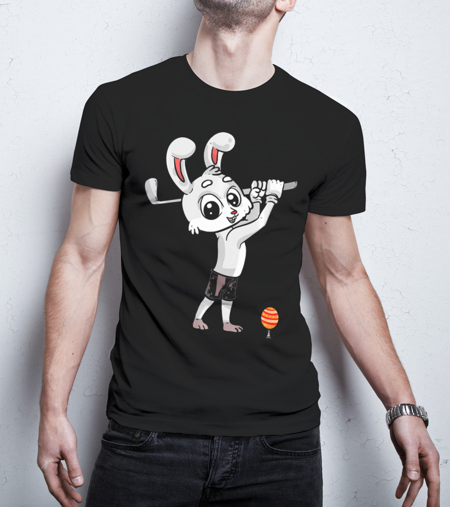 Funny Easter Bunny Playing Golf With Striped Egg T-Shirt