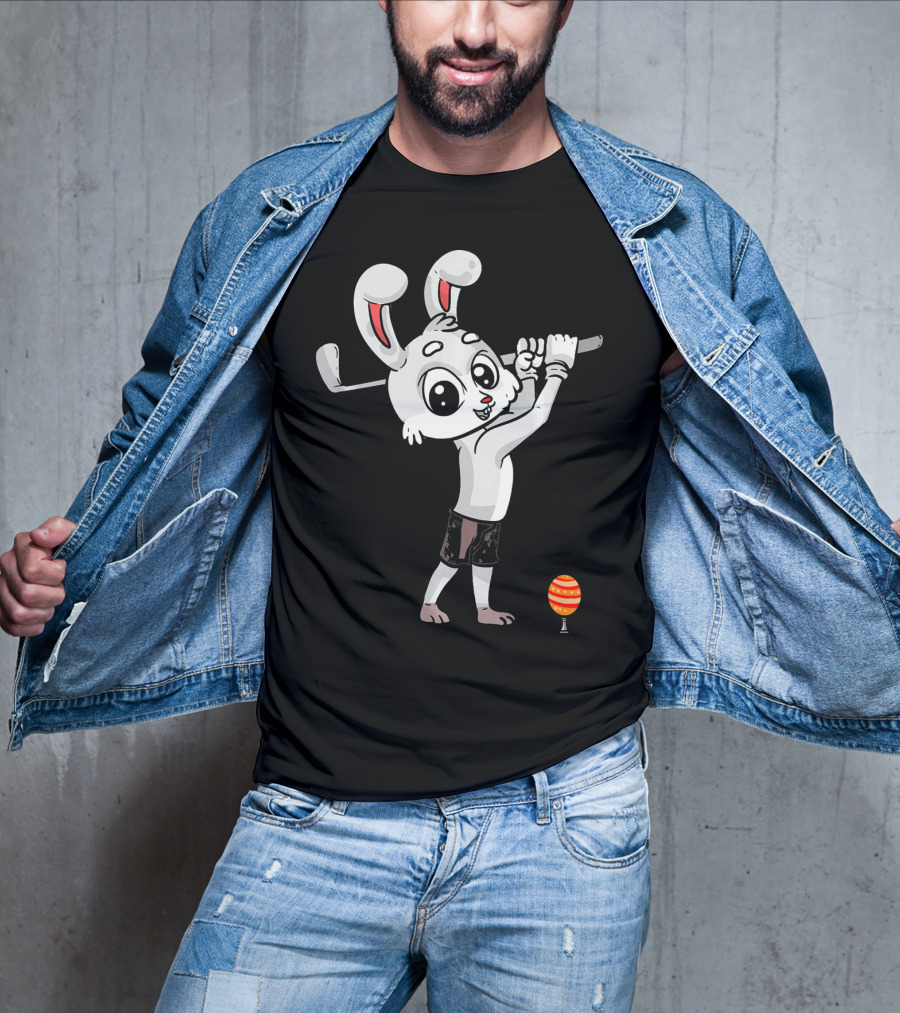 Funny Easter Bunny Playing Golf With Striped Egg T-Shirt