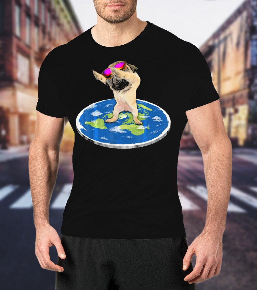 Flat Earth Pug Dabbing With Sunglasses On World Map T-Shirt