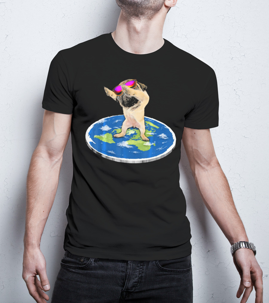 Flat Earth Pug Dabbing With Sunglasses On World Map T-Shirt