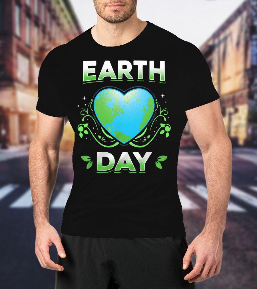 Earth Day Heart With Green Leaves And Swirls T-Shirt