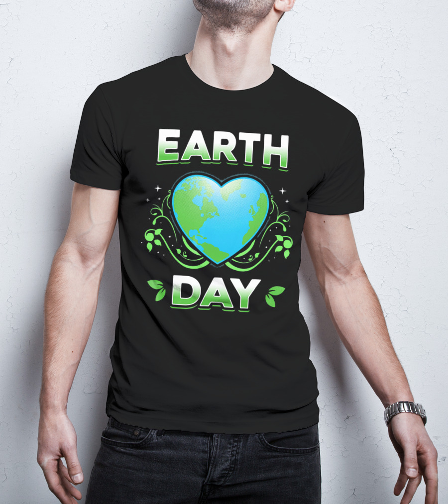 Earth Day Heart With Green Leaves And Swirls T-Shirt