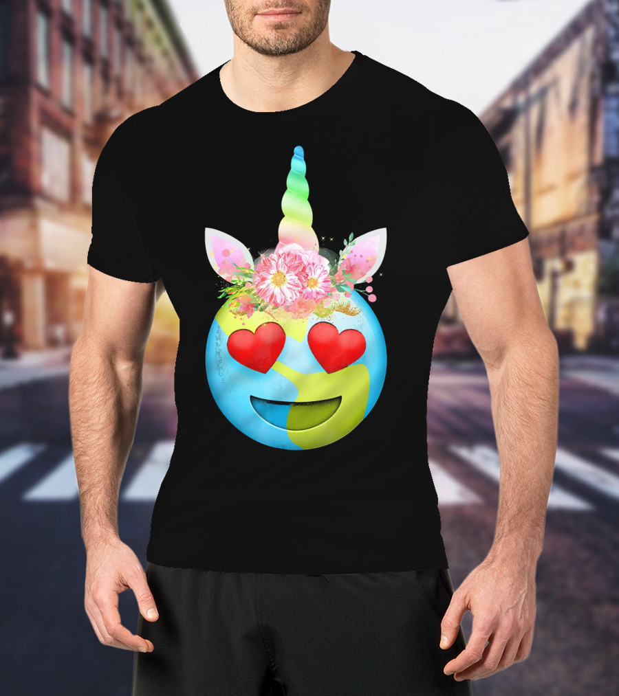 Heart Eyes Unicorn Earth Day Emoji Floral Mane T-Shirt