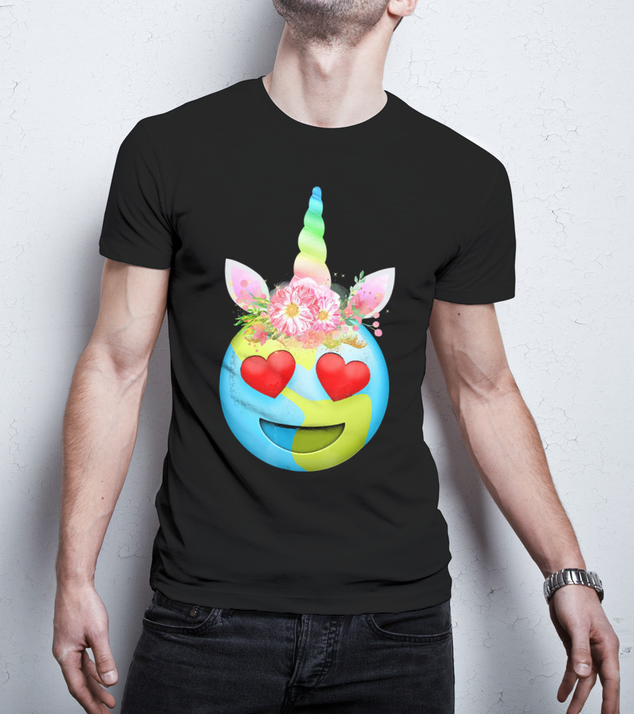 Heart Eyes Unicorn Earth Day Emoji Floral Mane T-Shirt